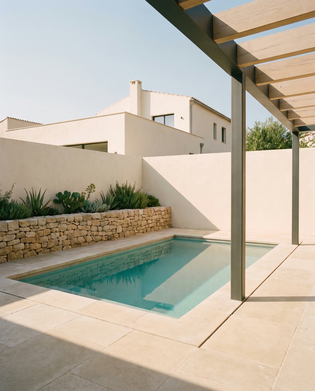 Piscina y terraza terminadas con solado de piedra clara